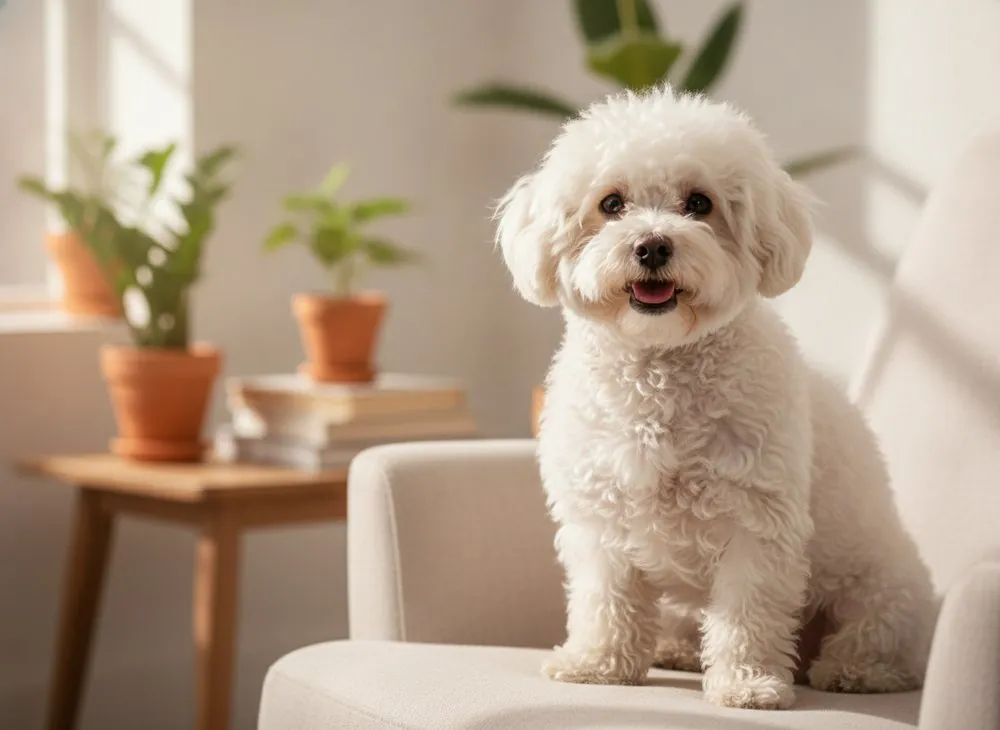 A fluffy white Bichon Frise sitting on a light armchair