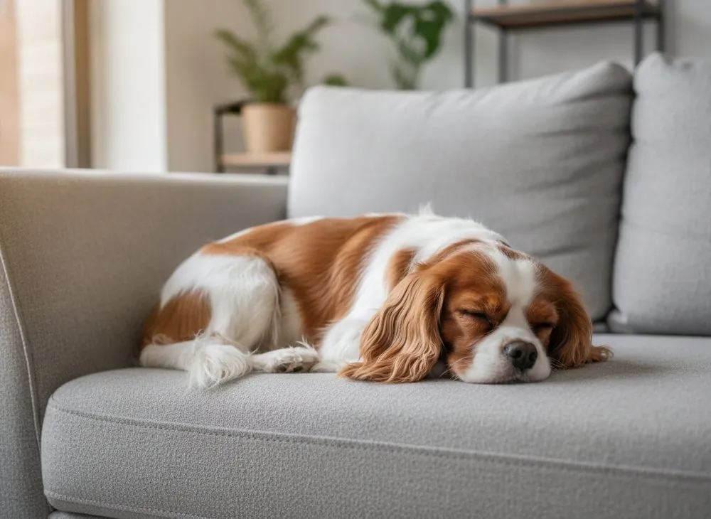 A Cavalier King Charles Spaniel curled up on a sofa