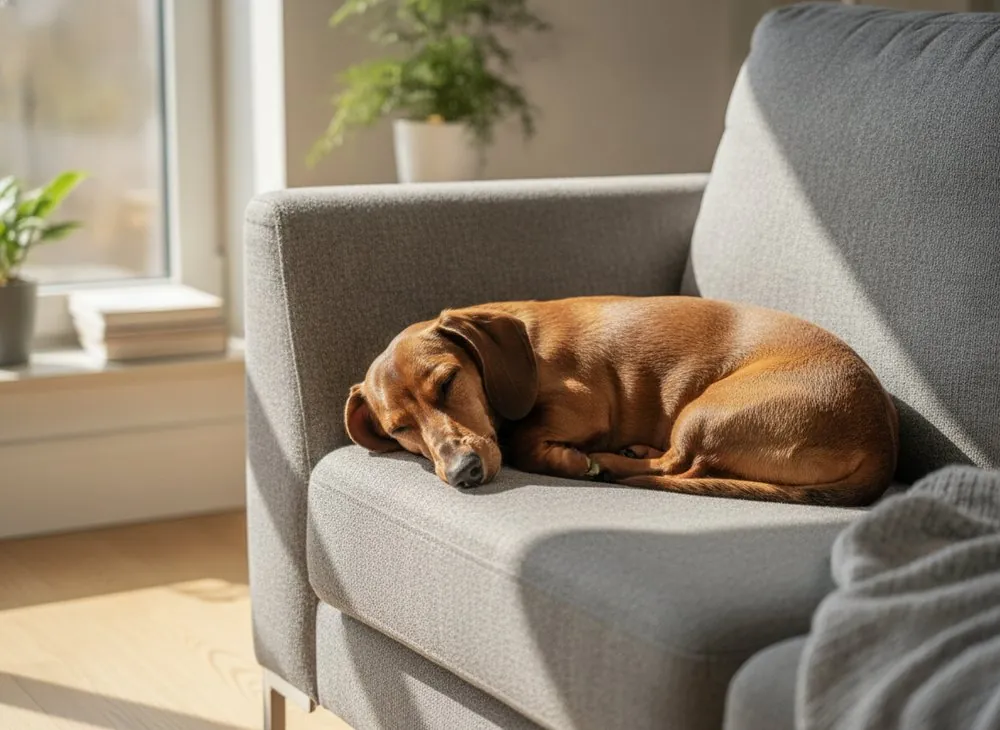 A smooth Dachshund curled up on a sofa near a window