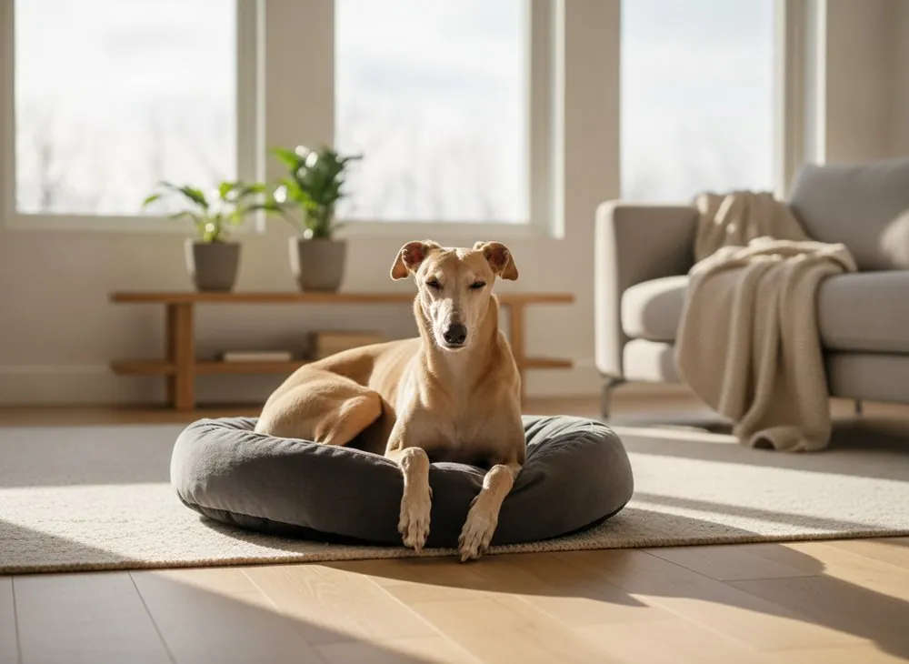 An elegant greyhound lying calmly on a dog bed in a modern living room