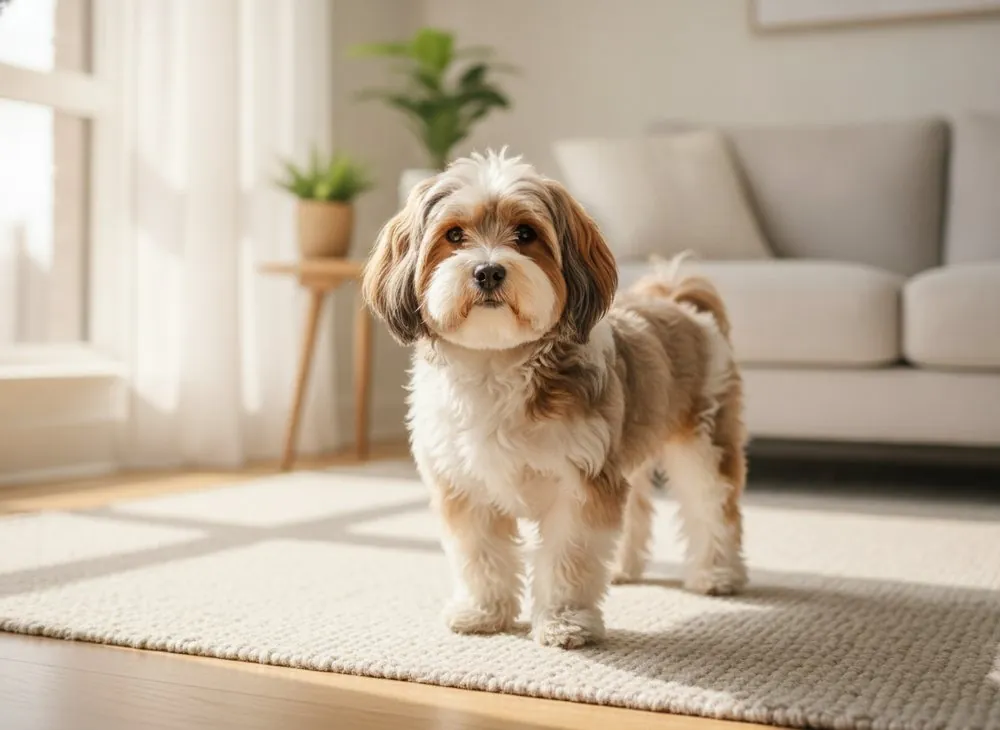 A fluffy Havanese standing on a rug in a bright apartment