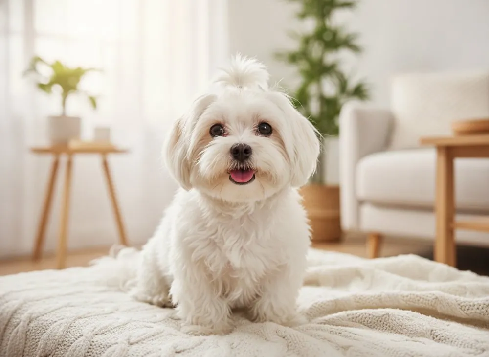 A small white Maltese sitting on a cozy blanket