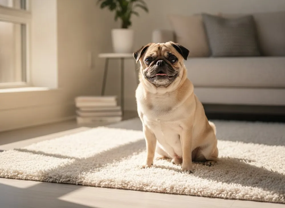 A fawn Pug sitting on a soft rug in a bright apartment