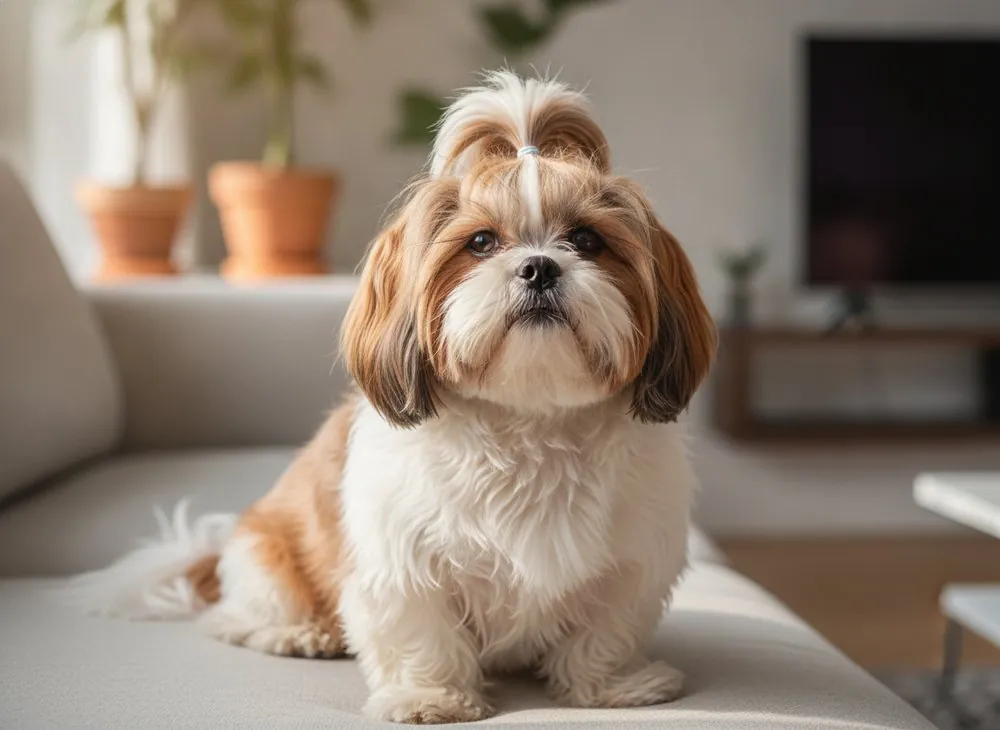 A Shih Tzu with a topknot sitting on a couch cushion
