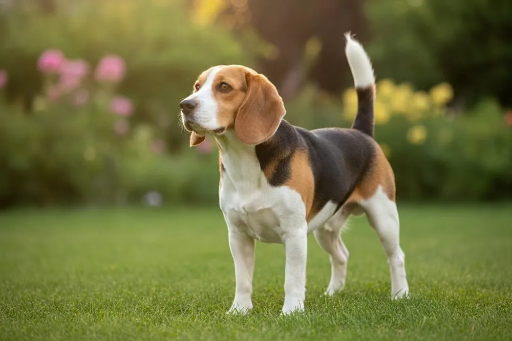A Beagle standing alert in a backyard