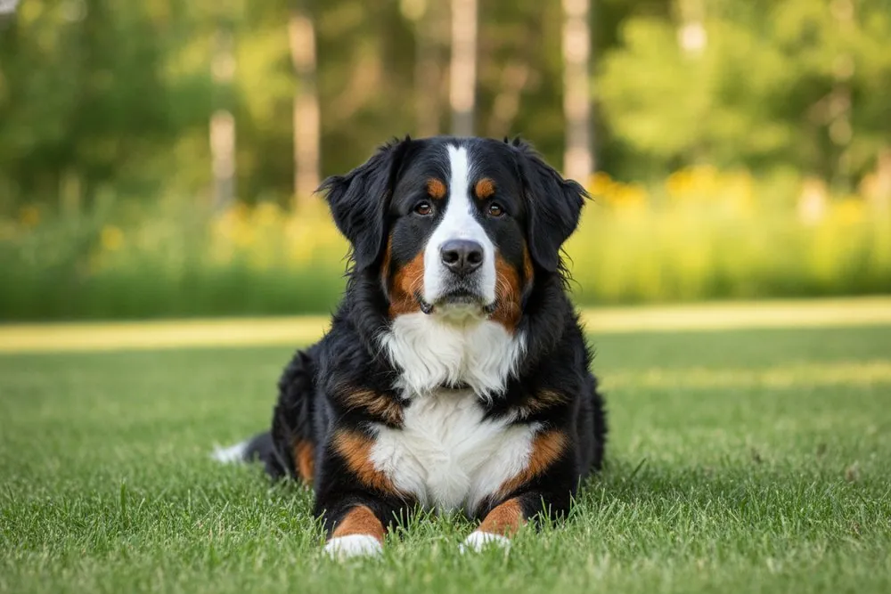 A Bernese Mountain Dog lying on the grass