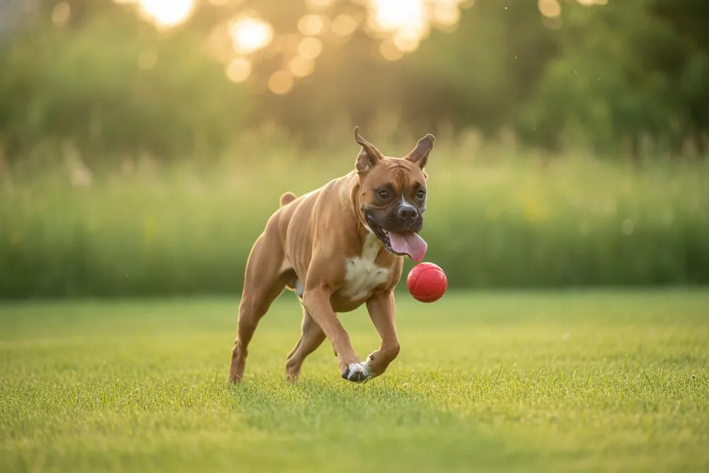 A Boxer playing on the lawn