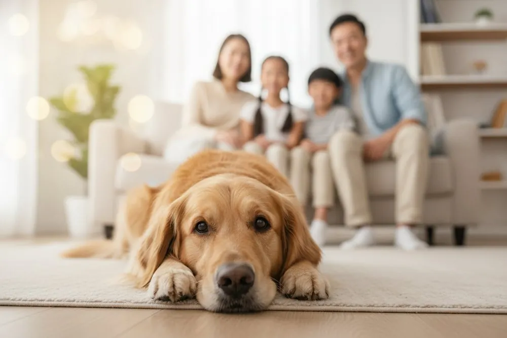 A Golden Retriever resting at home with its family