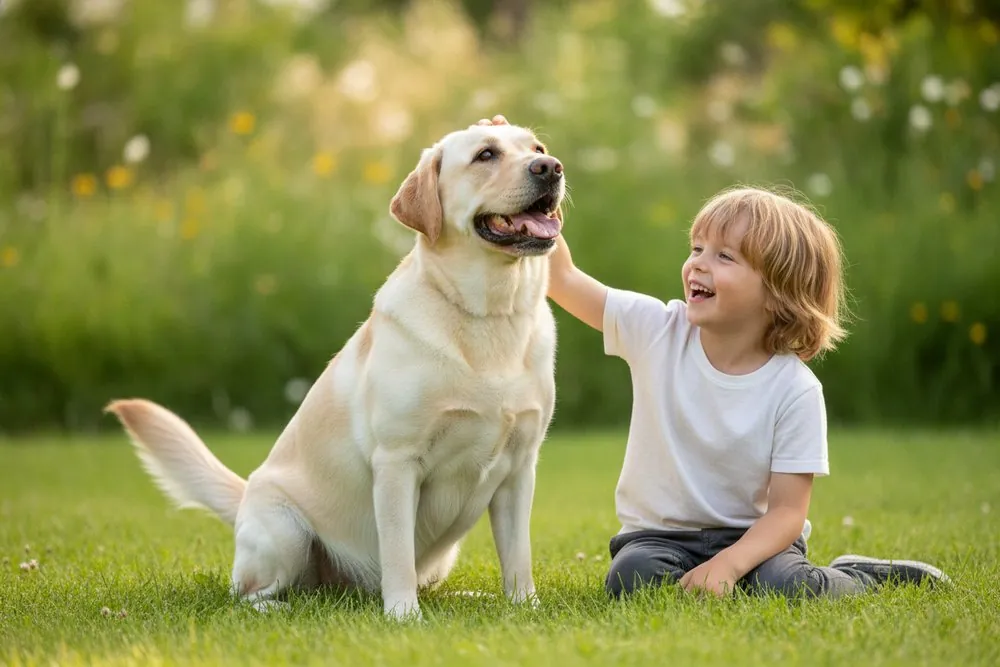 A Labrador Retriever sitting with a child on the grass