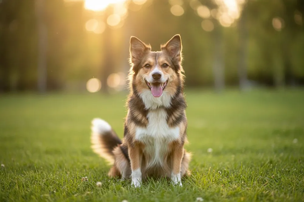 A happy mixed-breed shelter dog in a park