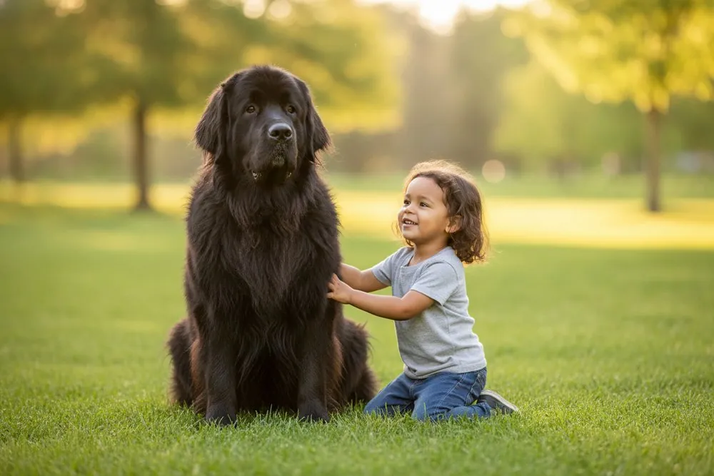 A Newfoundland sitting beside a child