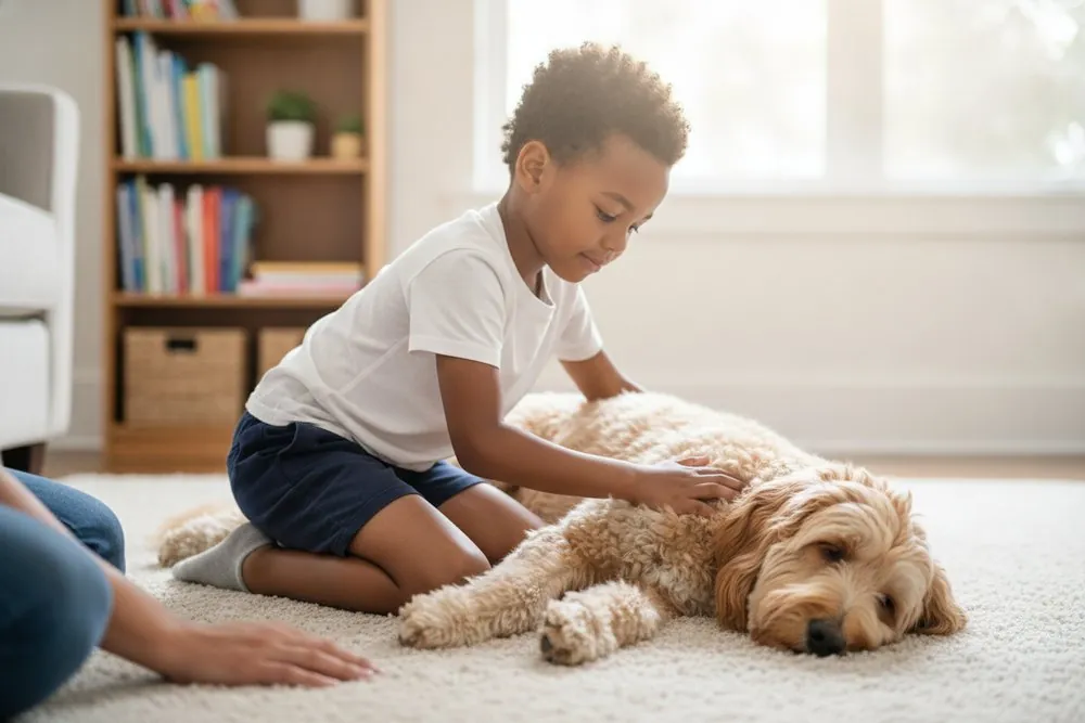A child gently petting a calm dog under supervision