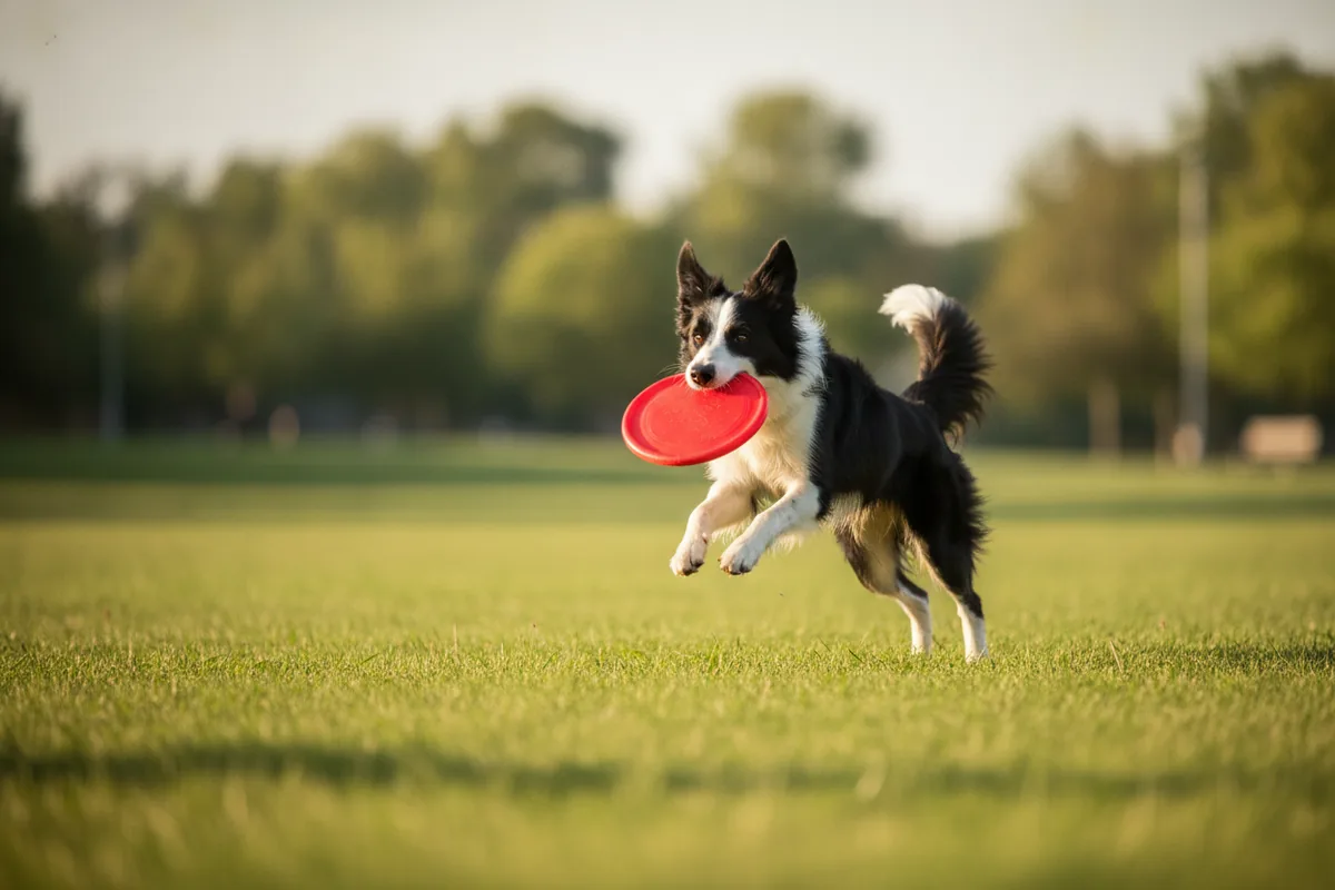 A happy dog leaping to catch a flying disc outdoors during an energetic game of fetch