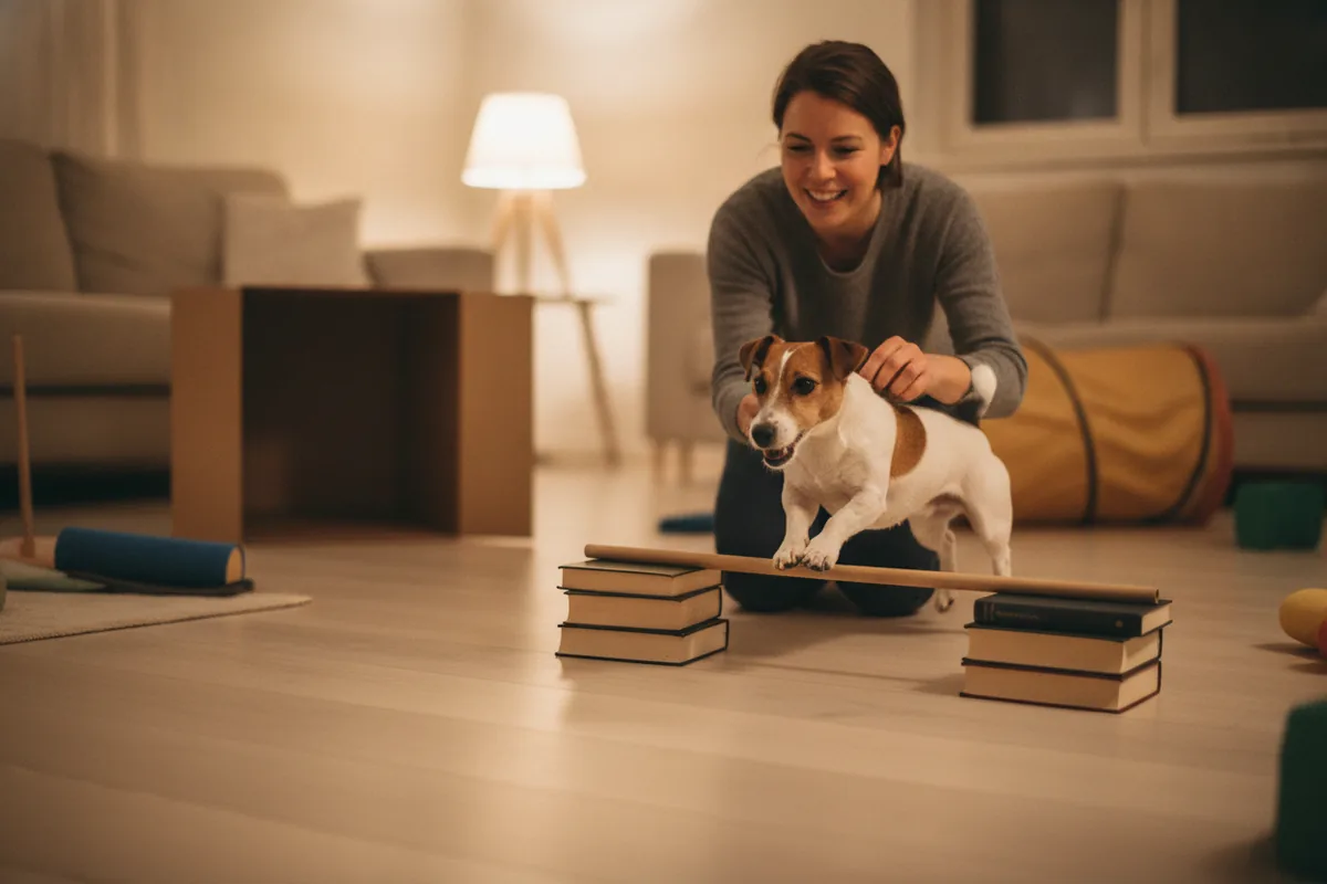 A person guiding their dog through a homemade indoor agility course made from household objects