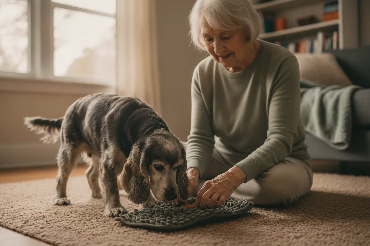 An older owner gently playing a nose-work treat game with a calm senior dog on a living-room rug