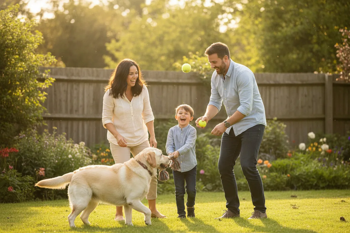 A smiling family playing tug and fetch with their happy dog in a sunny garden