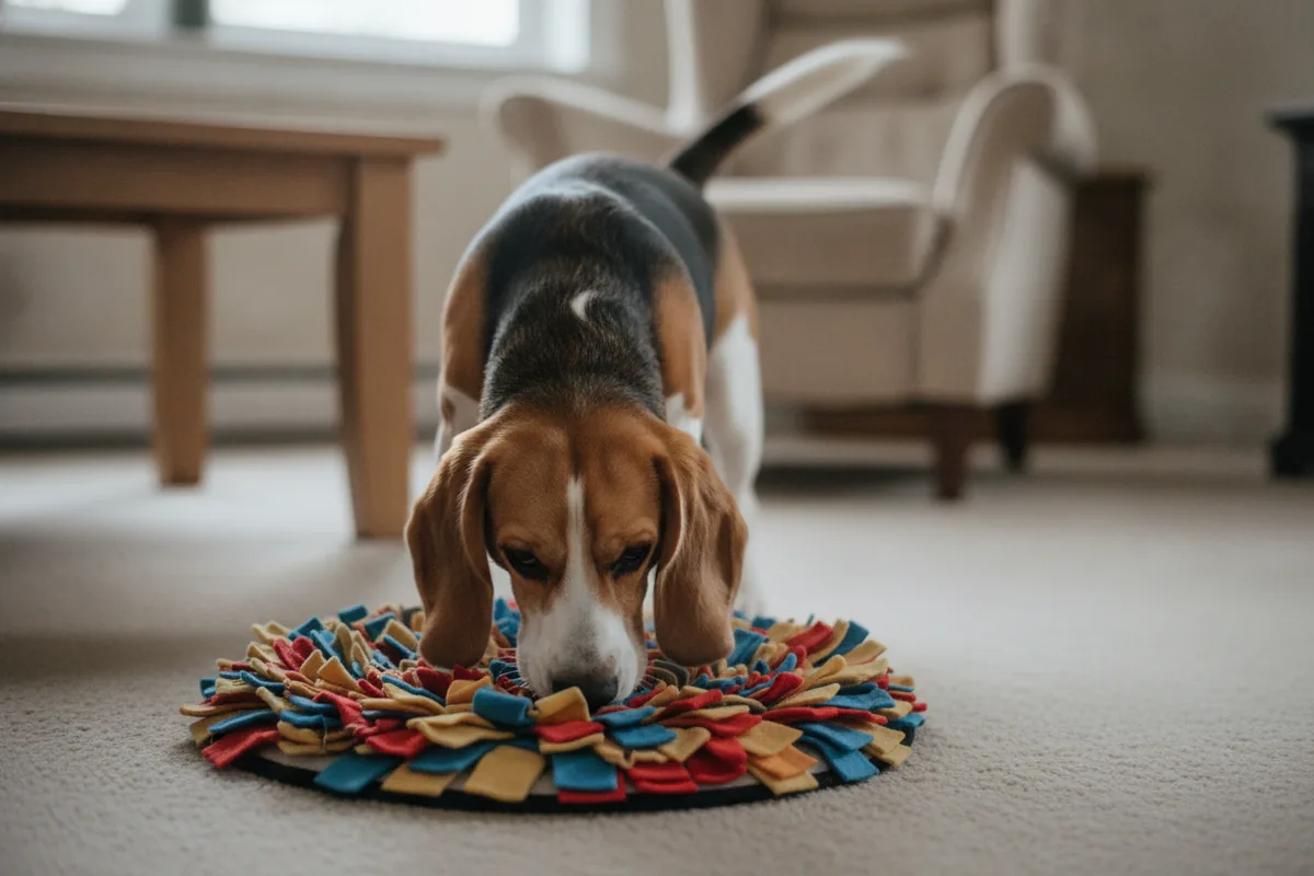 A focused dog nose-deep in a snuffle mat indoors, sniffing out hidden treats