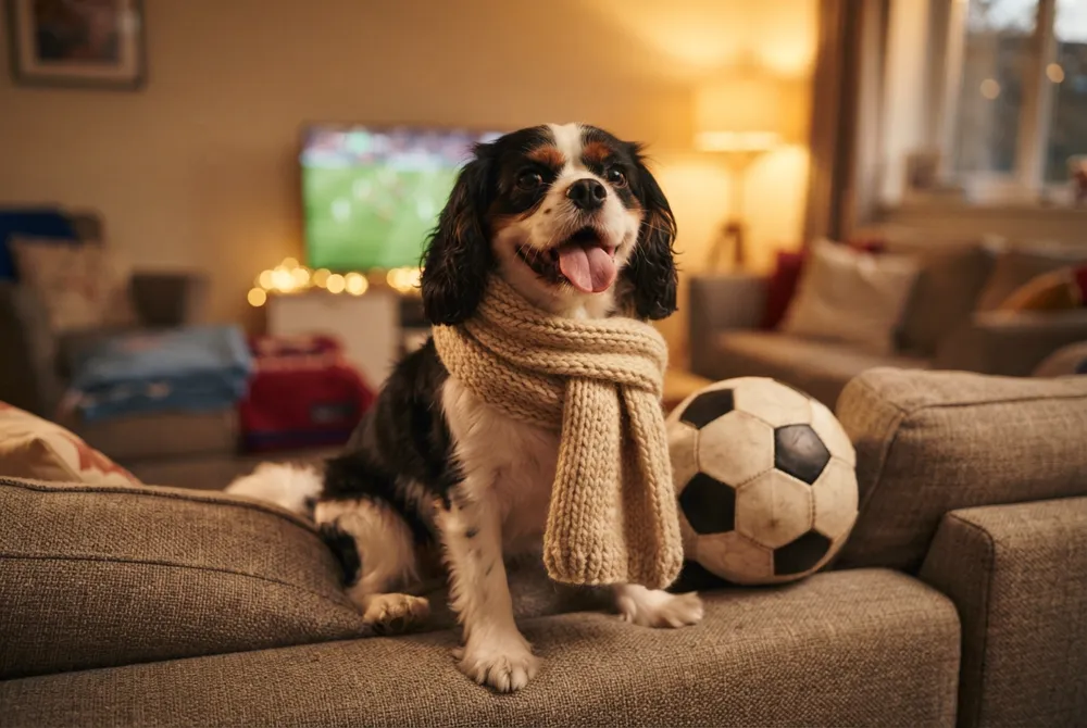 A happy Cavalier King Charles Spaniel wearing a knitted scarf, sitting on a couch beside a soccer ball during a match on TV