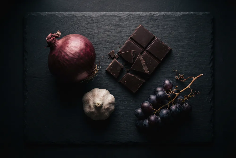 A red onion, a garlic bulb, broken dark chocolate and a bunch of purple grapes on dark slate — four foods toxic to dogs and cats